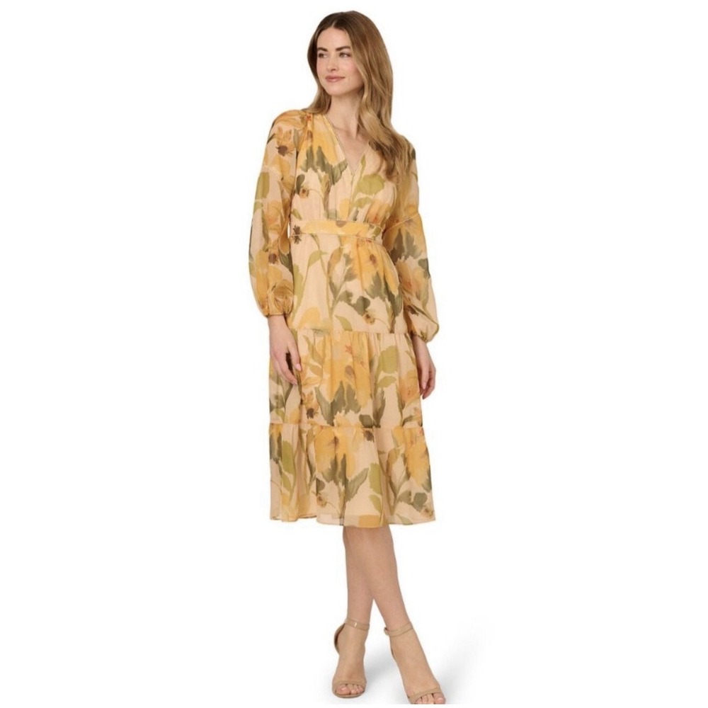 Adrianna Papell Floral Organza Midi Dress Long Sleeves Tiered Skirt Size 14